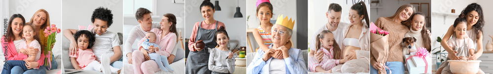 Collage of happy families spending time together at home