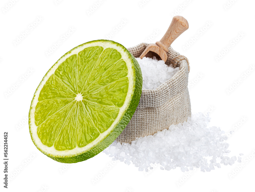 Lime slice with salt, margarita cocktail ingredient isolated on white background