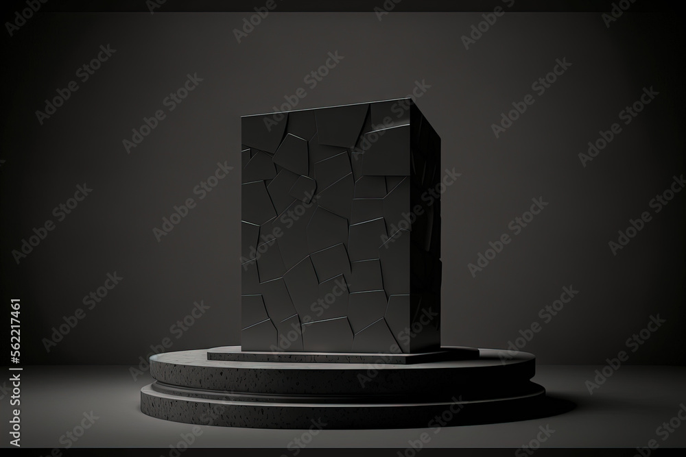 Beautiful black podium or stand, with a background of black stone. A place for the mercise is on a b