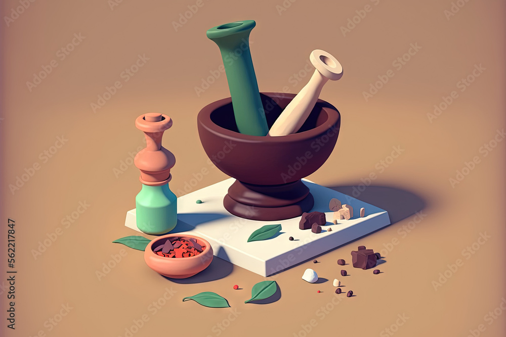 Natural materials and a mortar and pestle are shown on a white table in a cosmetics facility. Genera