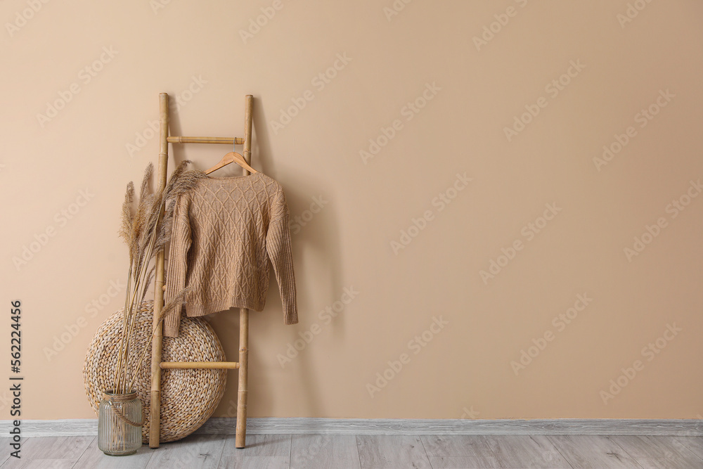 Vase with dry reeds, pouf, ladder and sweater near beige wall