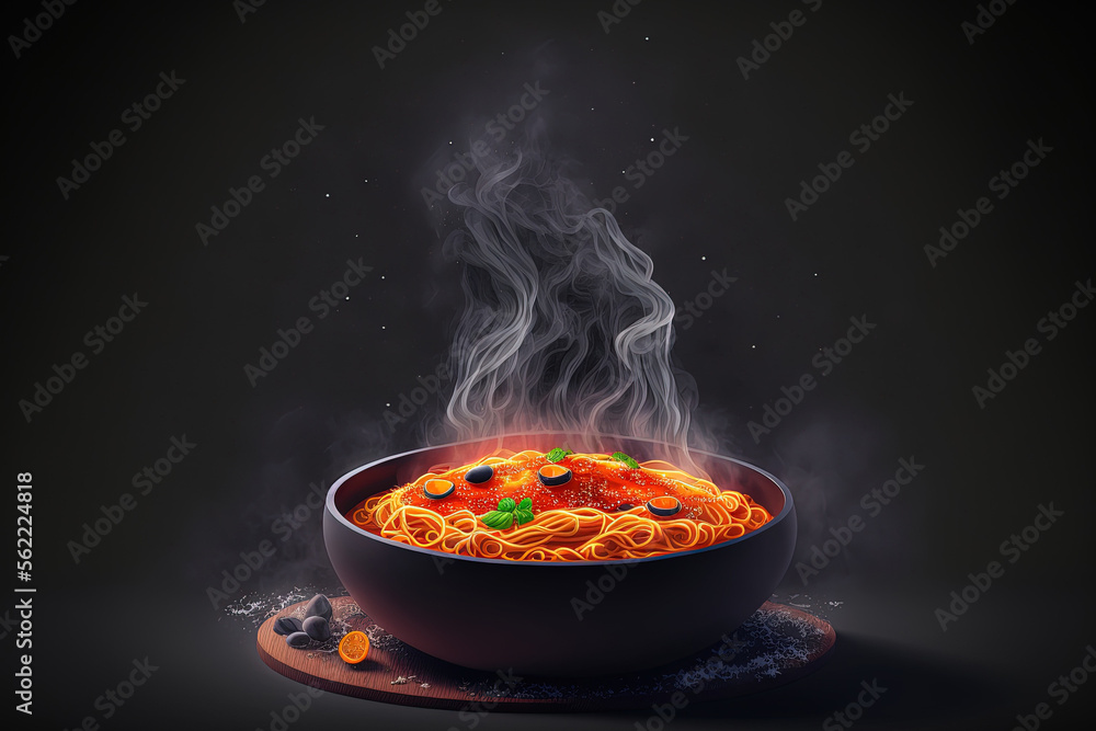 In a dark bowl, spaghetti and pasta with tomato sauce. Background of grey stone on a dark background