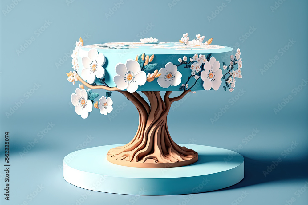 On a blue background, a white product display pedestal features blossom blossoms. Generative AI