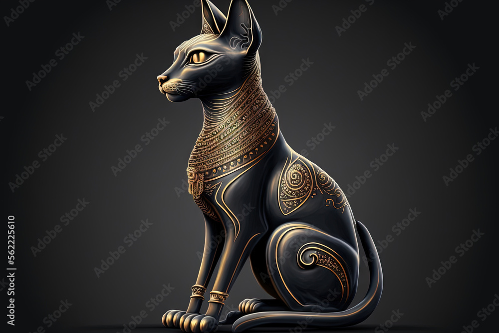 Egyptian cat statue, dark backdrop, isolated. Generative AI