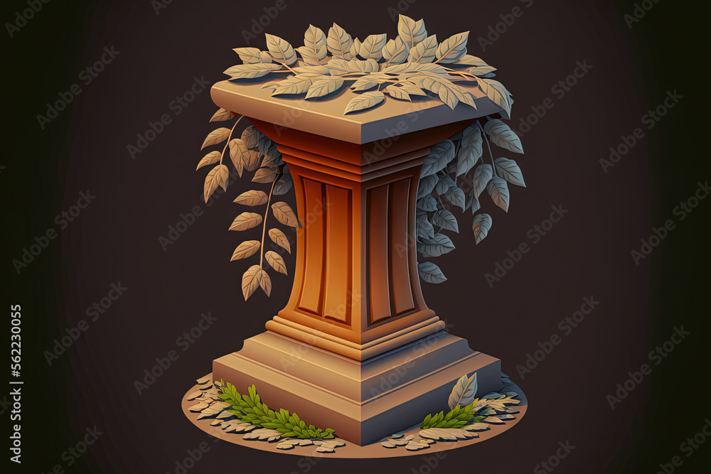 On a brown background, a stone product display pedestal features natural foliage. Generative AI