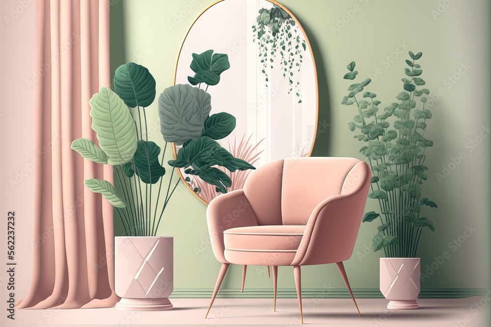 Minimalistic and luxury pastel pink home interior with green velvet design armchair, plants and mirr