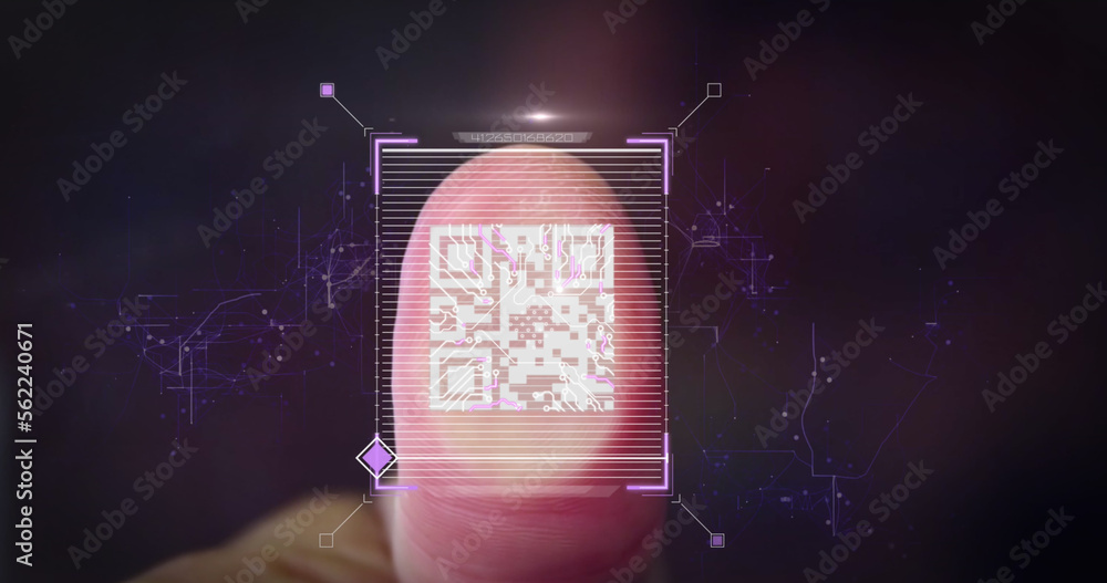 Composition of data processing with qr code and finger on black background