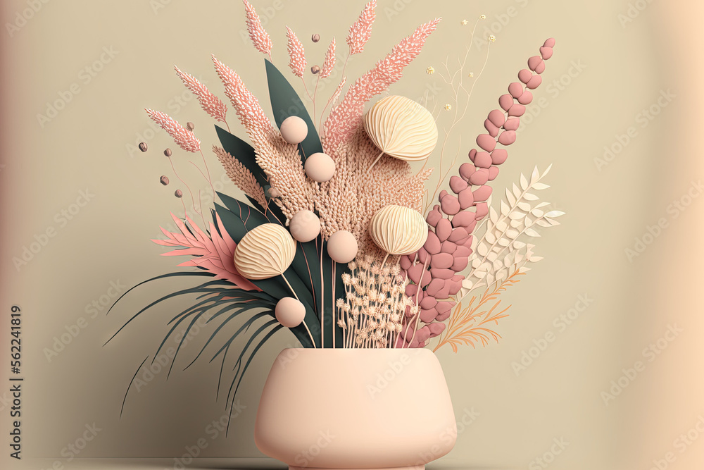 Stylish vase arrangement of dried flowers in a pink and ivory color scheme. consisting of bulrush, b