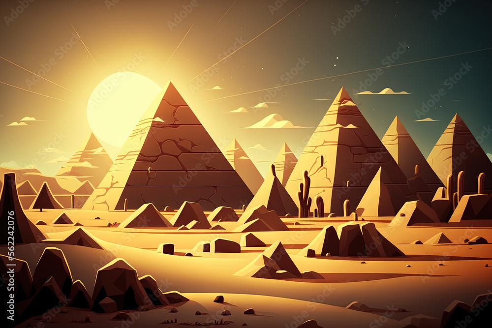 Egyptian stone pyramids are being illuminated by the sun. concept art for fantasy. bright desert. ea