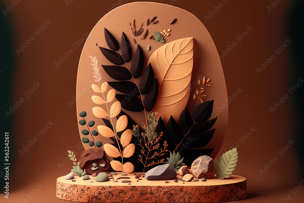 On a brown background, a stone product display platform features shadowed leaves from nature. Genera