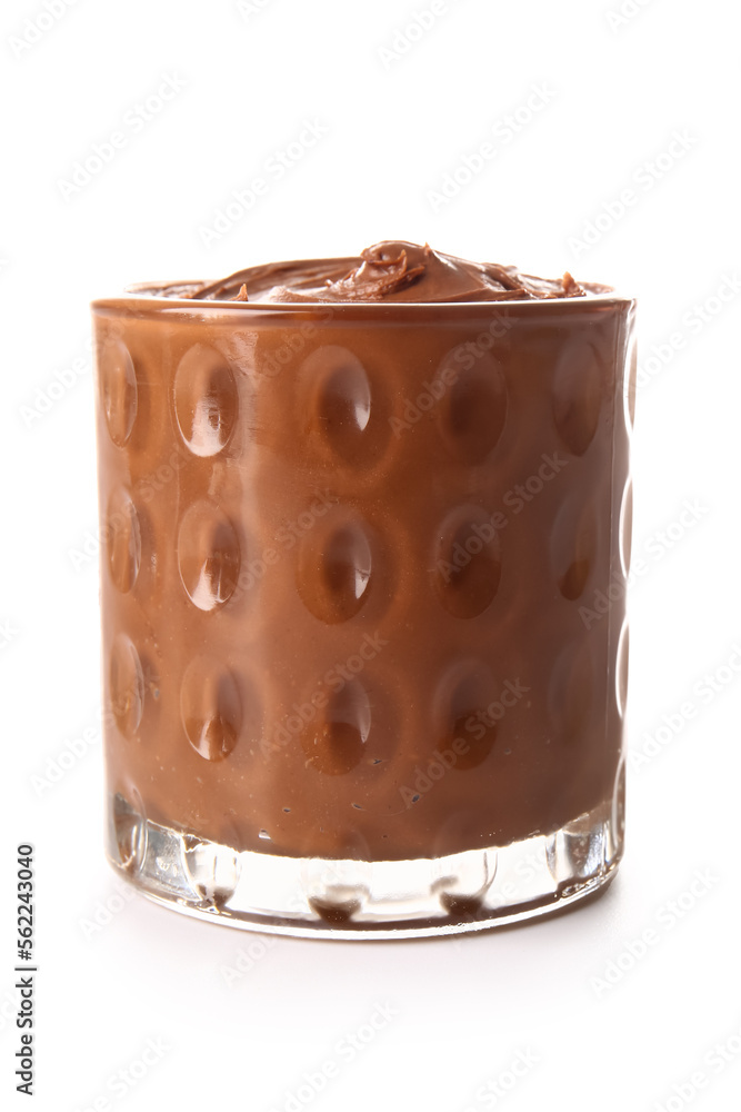 Glass of delicious chocolate pudding isolated on white background