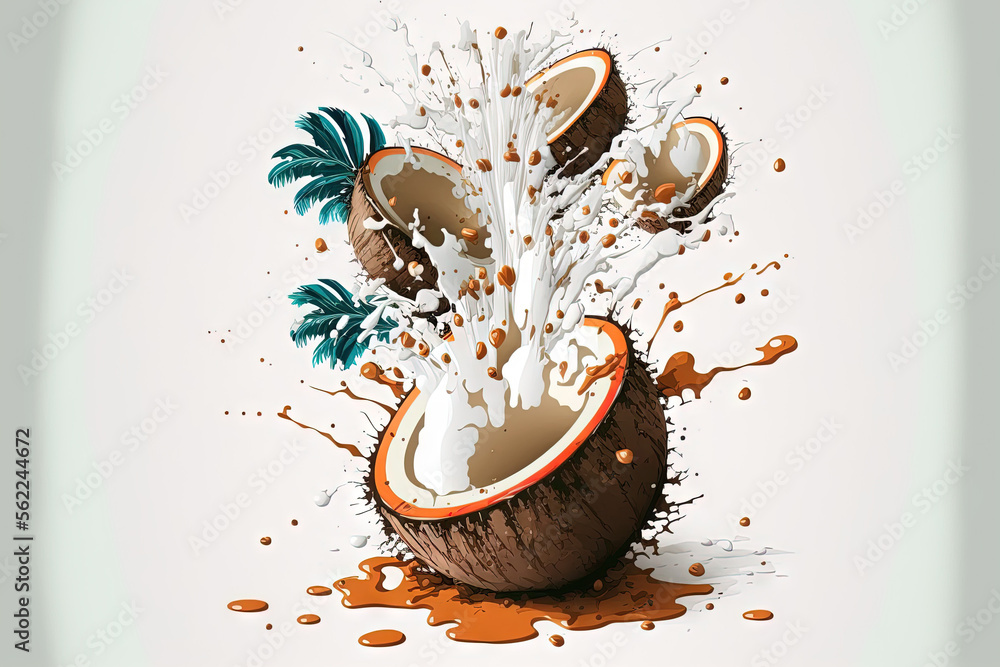 splashes of milk from coconuts on a white background. Generative AI