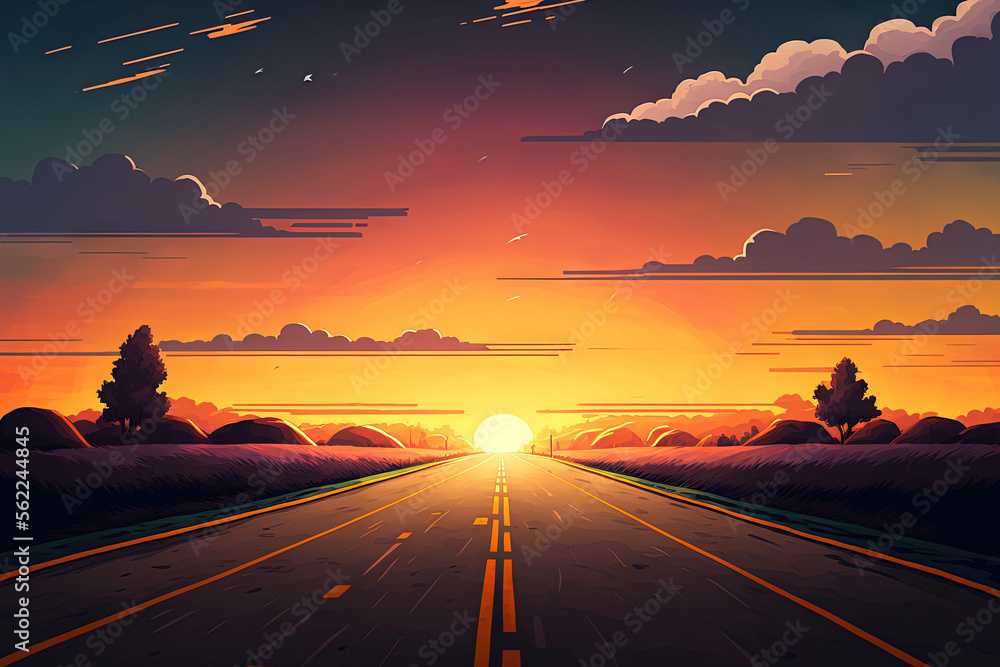 a background of a beautiful sunset sky and an empty asphalt road. Generative AI