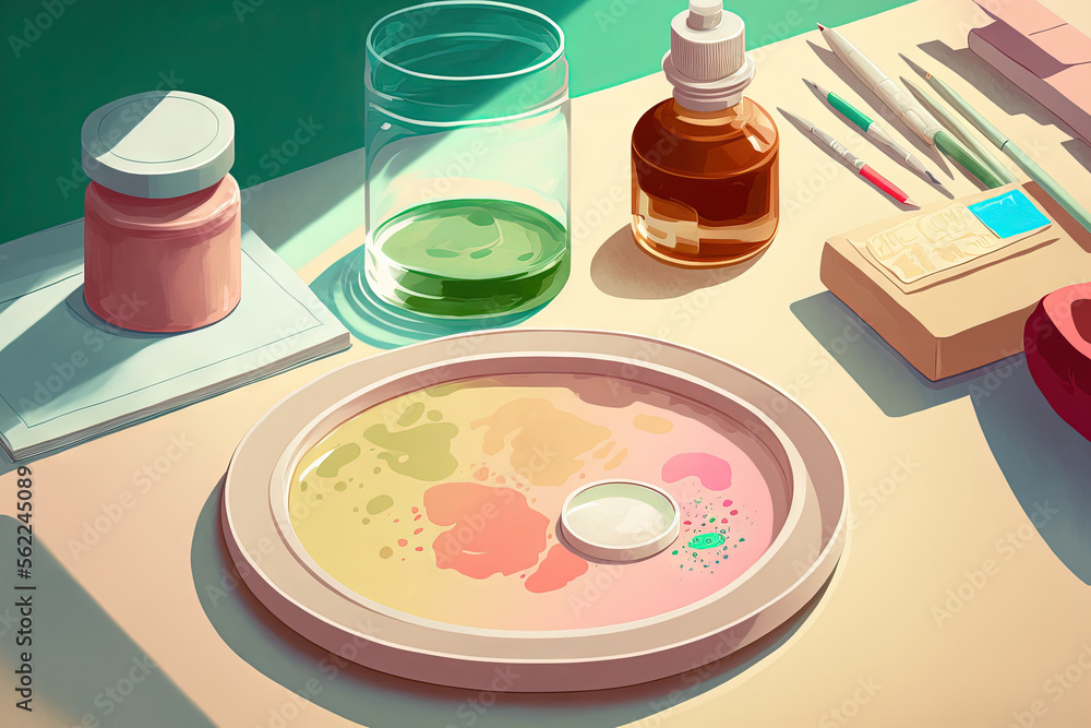 Cosmetic labware and an empty, hard shadowed petri dish on the top of a beige table. Generative AI