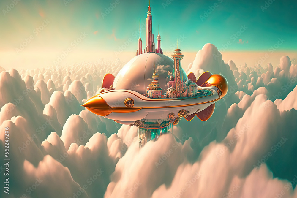 A spaceship is seen flying above a futuristic fantasy cityscape as the top of a high rise structure 