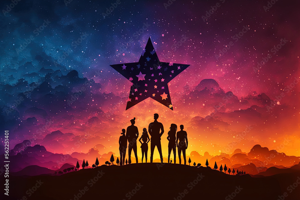 Silhouette peoples holding star with colorful dramatic sky at sunset. Service rating, satisfaction c