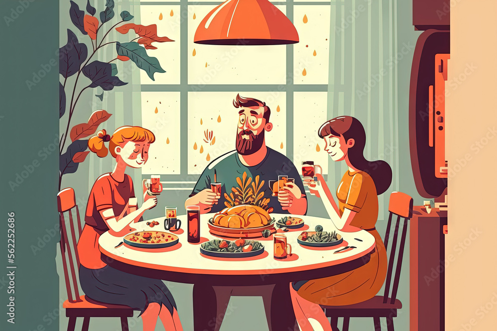 A joyful family sets the table for lunch at home. Father is highlighted. Generative AI