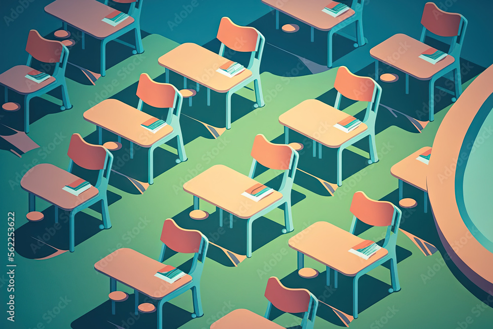 Close up of inverted chairs are on the desks in the classroom, Vacations at school. Social Distancin