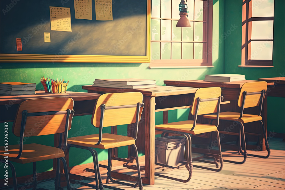 Empty School classroom with desks chair wood, and green board in high school Thailand, vintage tone 