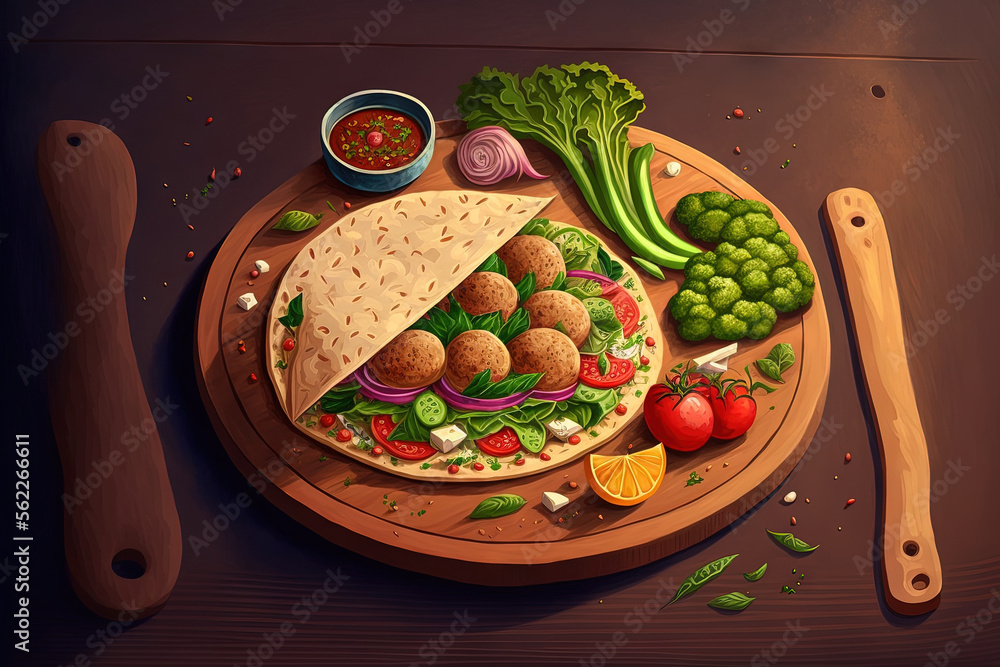 On a wooden table, there are falafel and fresh vegetables in pita bread. Generative AI