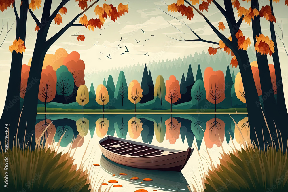 Beautiful autumnal scenery. Natural setting Boat on a lake in a forest in the fall. Generative AI