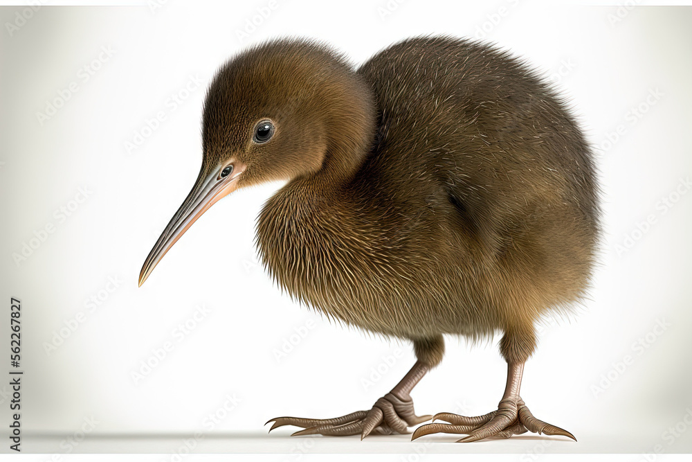 North Island Brown Kiwi, Apteryx mantelli, 5 months old, walking against white background. Generativ