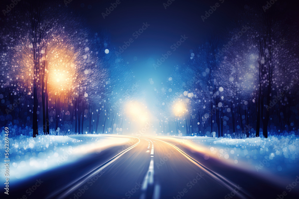 OUTDOOR BACKGROUND BLUE AND WHITE ABSTRACT BRIGHT BACKGROUND, FROSTY WINTER AT NIGHT, ILLUMINATED RO