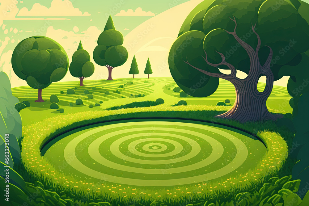 Illustration of the surroundings of infinity. Green grass and endless ground are isolated. notion of