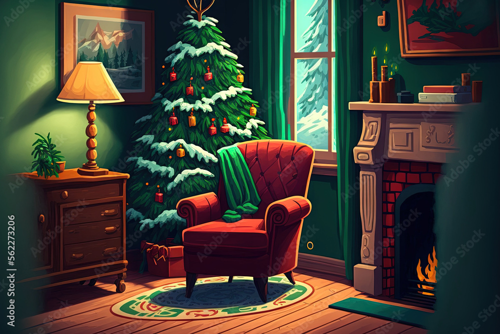 Christmas interior room fireplace, Christmas tree, green chair with a red blanket and gifts. Generat