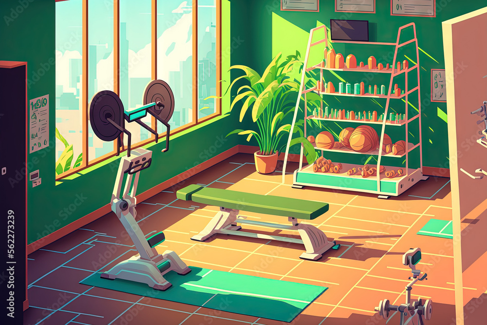 Interior of a fitness hall with sport equipment. Generative AI