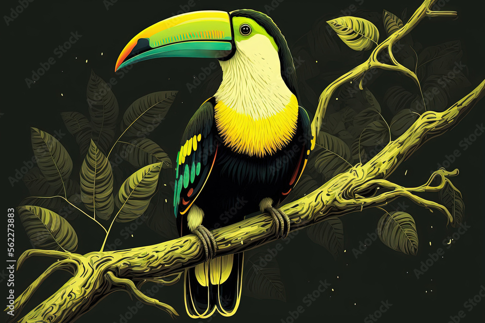 Costa Rica wildlife. Keel billed Toucan, Ramphastos sulfuratus, bird with big bill sitting on branch