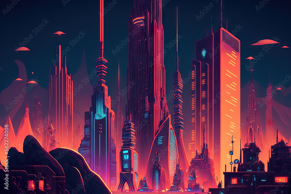 virtual sci fi city of the future. Several tall sky scraper skyscrapers. Nightlife concept, corporat