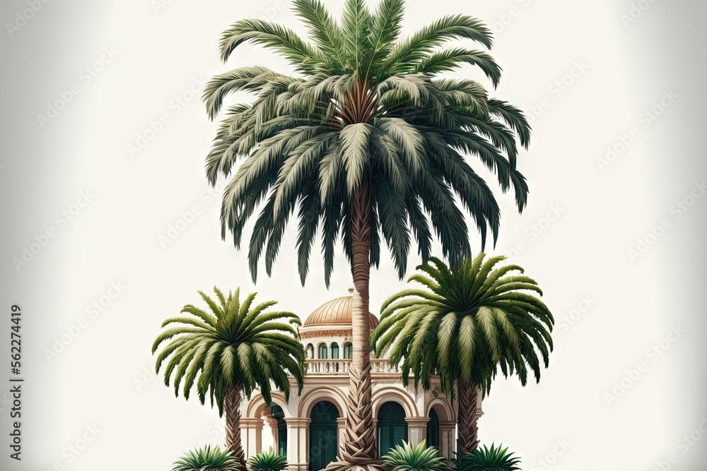 Isolated palm tree with pruning paths for a landscape design on a white backdrop. Tropical trees are