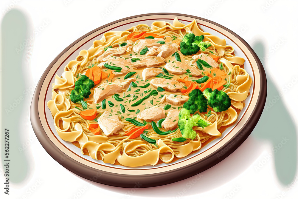 On a white platter are noodles with chicken and vegetables. Generative AI