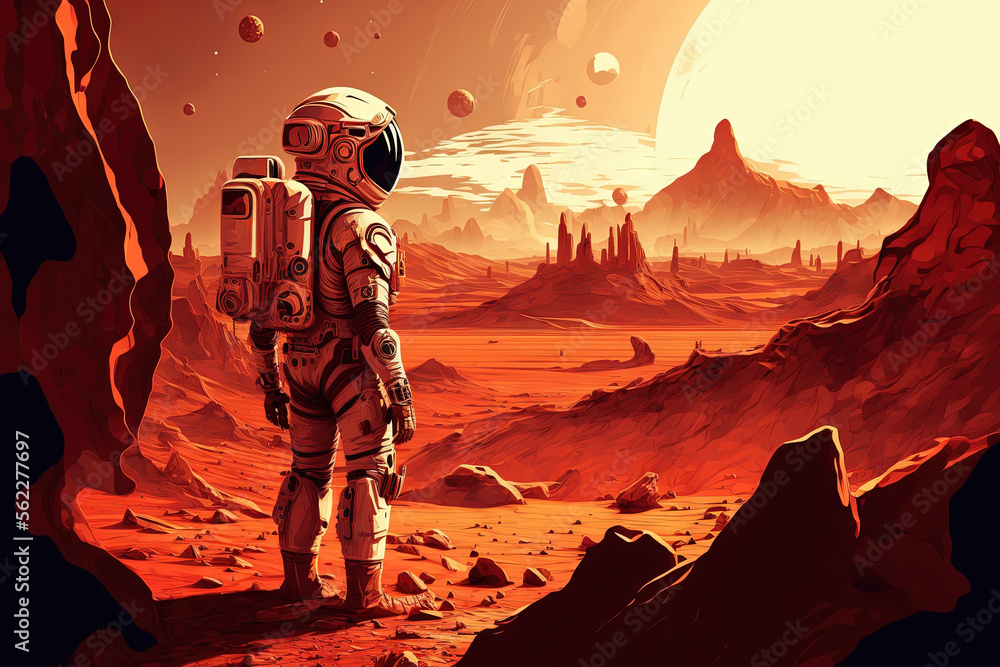 Spaceman on surface of red planet. Astronaut at space. Planet on background. Landscape of other worl