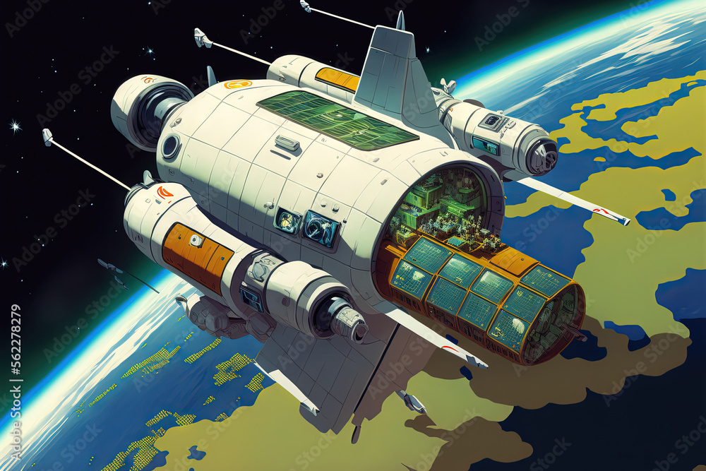 Earth Station 007 An Earth based shuttle transports supplies to a space station that is orbiting the