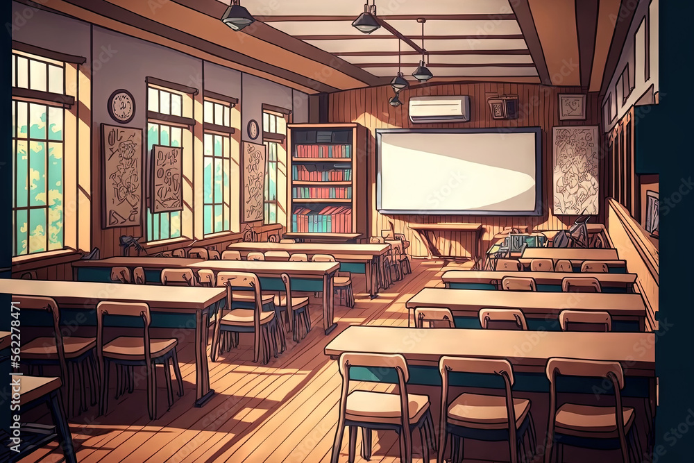 School empty classroom, Lecture room with desks and chairs iron wood for studying lessons in highsch