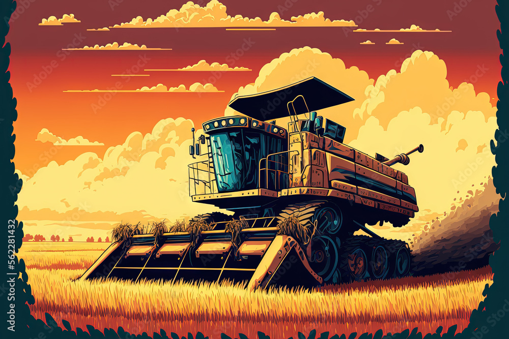 A contemporary combine harvester harvesting wheat in the summer while a spectacular sky serves as th