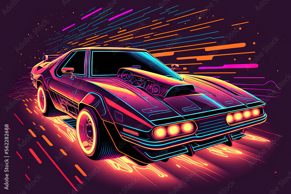 Retro wave synthesizer futuristic wave vehicle. Retro sport automobile with outlines of neon lightin