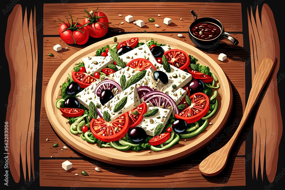 On a wooden table, a fresh Greek salad with feta cheese, tomatoes, cucumber, red pepper, black olive