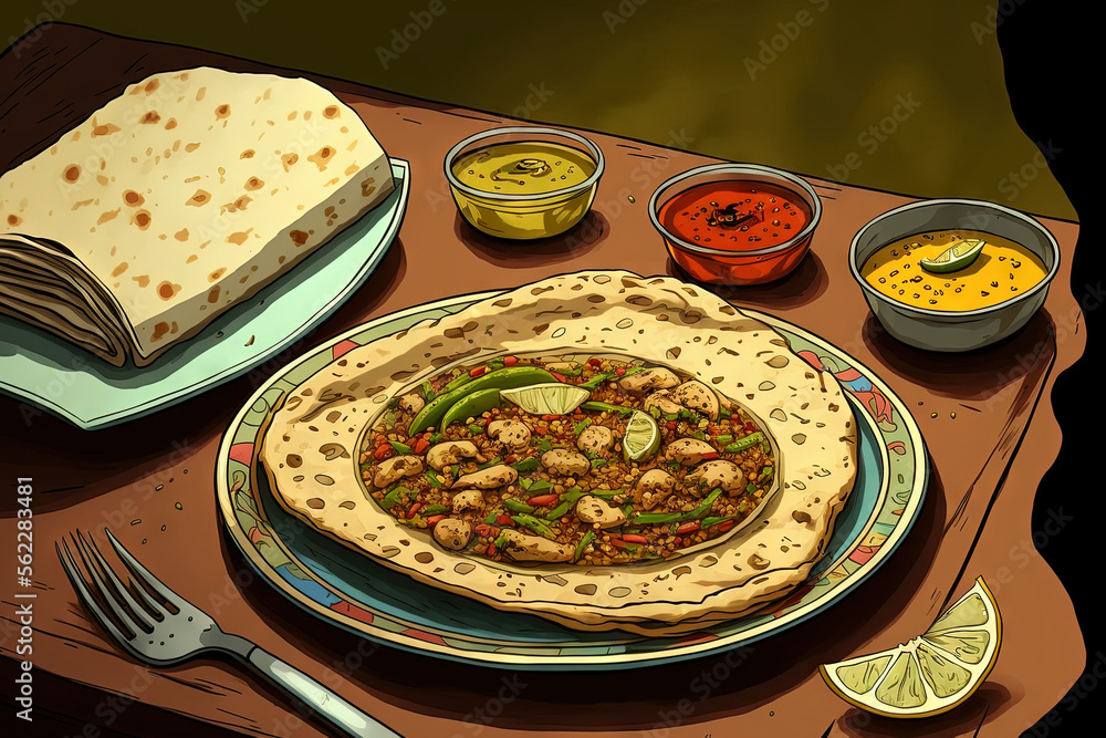 Whole wheat chapati or chapathi with vegetable curry is a common Indian street meal. Generative AI