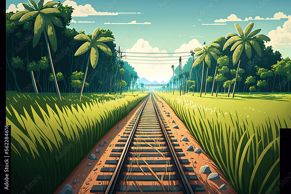 a view of the railroad tracks and rice fields. Generative AI