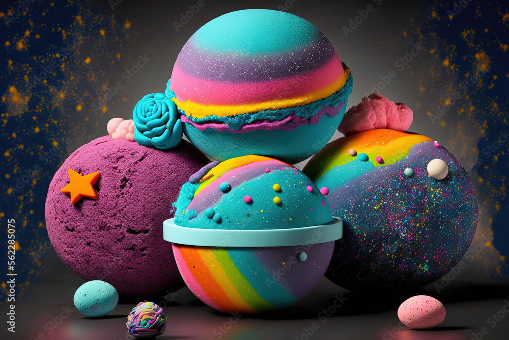 Galaxy bath bombs, multicolored bath bombs. Generative AI