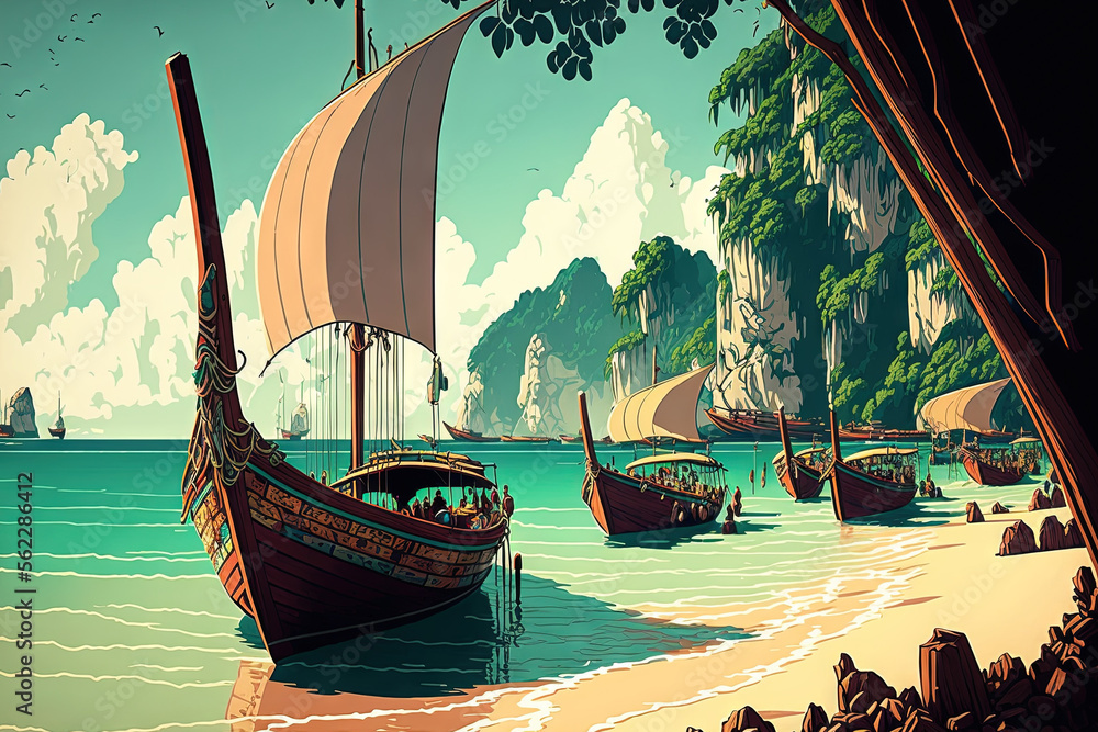 Thailands Andaman Sea, a tropical beach, and traditional long tail boats. Generative AI