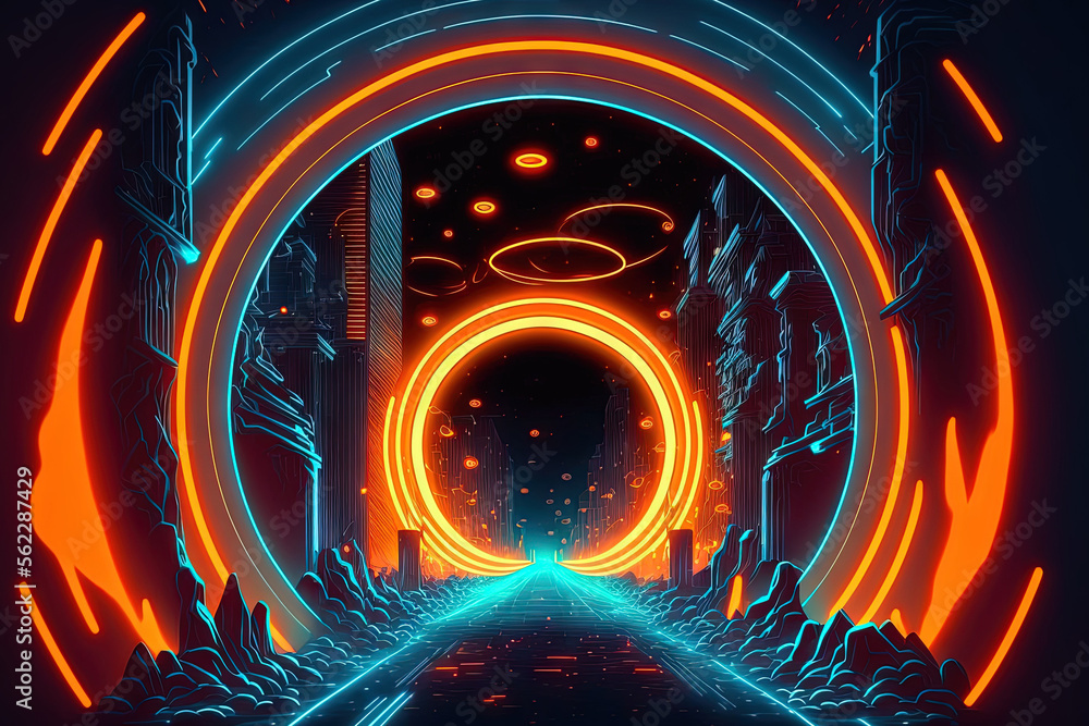 Vortex of neon light trails. Sci fi portal for teleportation using energy streams in the cyberpunk s