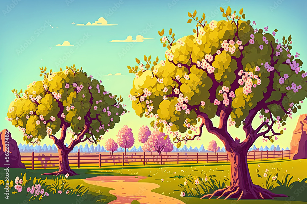 apple trees in bloom in a garden. Beautiful springtime countryside scene. Apple trees are seen in th