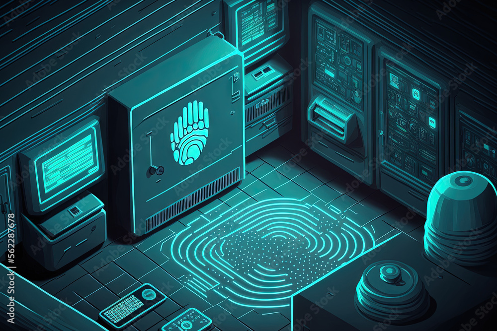 Overhead server room image has a fingerprint icon and media icon. Conceptual depiction of global tec