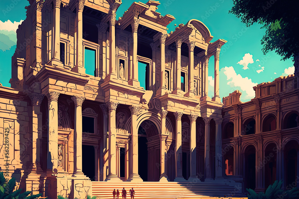 The Library of Celsus in Ephesus is a beautiful sight (Efes). Ancient Greek city ruins can be seen a