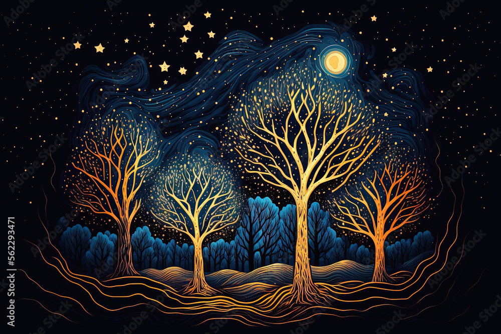 Starry night with illuminated trees. Generative AI