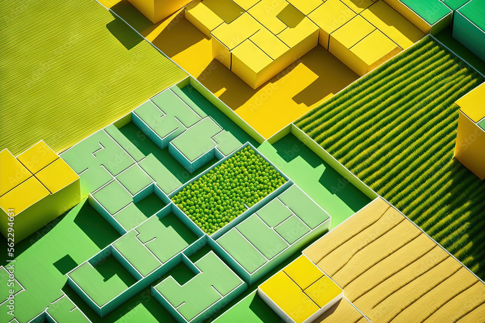 Abstract geometric shapes of agricultural parcels of different crops in yellow and green colors. Aer